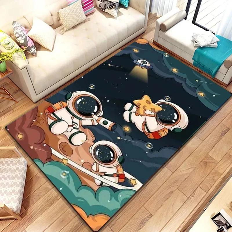 Kreskówkowy Astronaut Kosmiczny Dywan Planeta Kosmonauta Podróż w Kosmosie Nadruk Dywanik dla Chłopca Dziewczynki Sypialnia Salon Wewnątrz Mała Mata Podłogowa