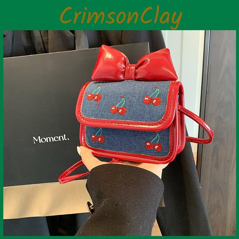 Bow Cherry Children Fruit Pattern Mini Purse With Embroidery Key Holder Girls