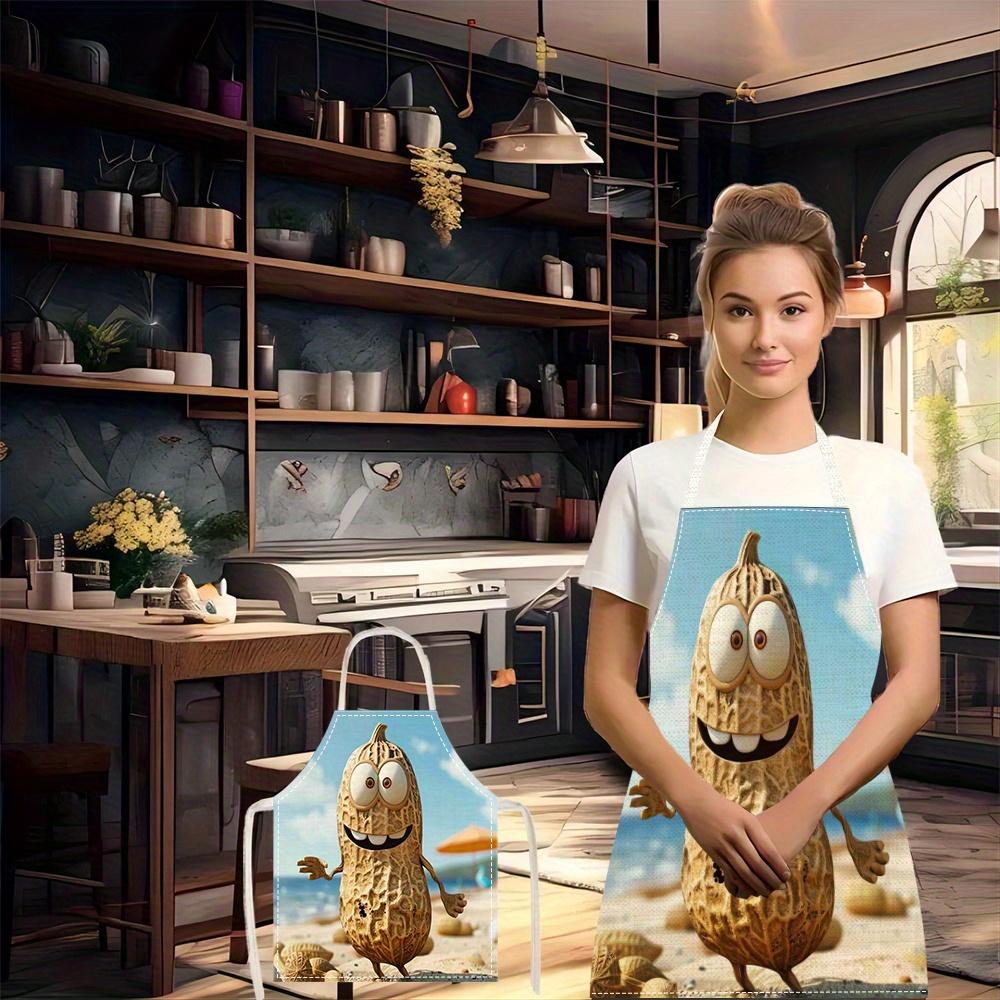 1pc Funny Cartoon Peanut Character Apron Happy Nut On Beach Summer Vibes Novelty Kitchen Cooking Gift Linen Chef