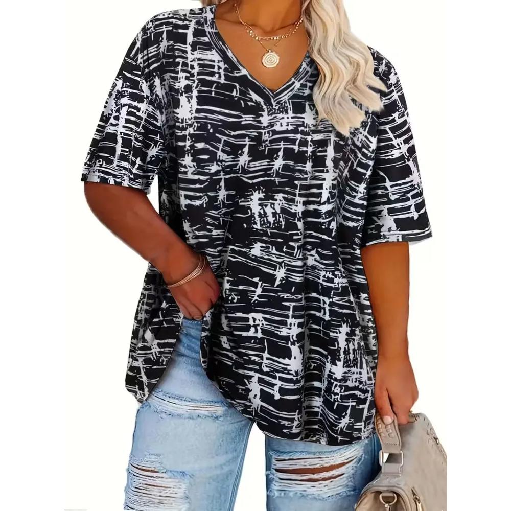 Casual Loose Women s Striped Printed Top Fashionable V-neck Short-sleeved Comfortable T-shirt Versatile T-Shirts Women’s S