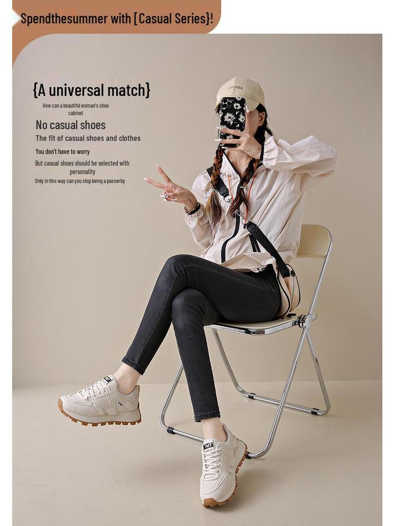 2025 Spring Women's Breathable White Korean Style Sneakers - Thick Sole Versatile Sports Casual Running Shoes