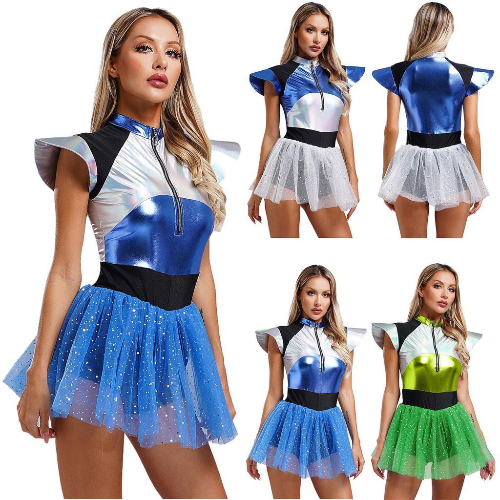 Womens Shiny Metallic Alien Cosplay Costume Fly Sleeve Halloween Party Leotard Tutu Dress