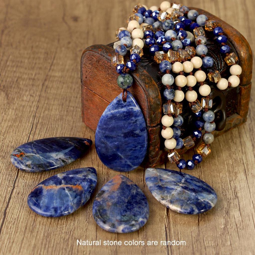 European Ethnic Blue Veined Stone Water Drop Pendant Necklace for Women - Hand-Knotted Natural Stone Sweater Chain Jewelry