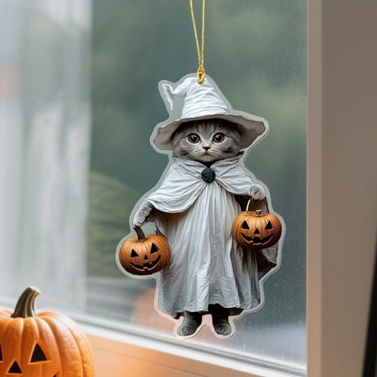 Car Mirror Hanging Decoration Cartoon Witch Cat/Kids 2D Flat Acrylic Pendant Halloween Car Rearview Mirror Ornament for Window Wall Auto Interior