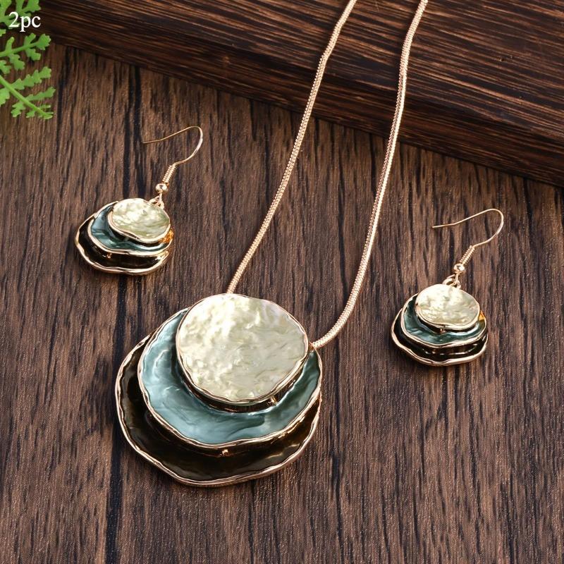 2Pcs/set Multilayer Pendant Jewelry Vintage Boho Jewelry Set Zinc Alloy Enamel Multilayer Round Pendant Necklace and Earrings Elegant Fashion