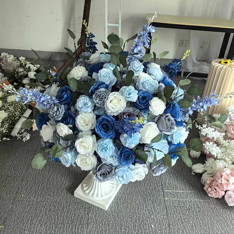 Luxury Royal Blue Wedding Backdrop Floral Arrangement Rose Hydrangea Orchid Floor Flower Ball Banquet Party Event Window Display