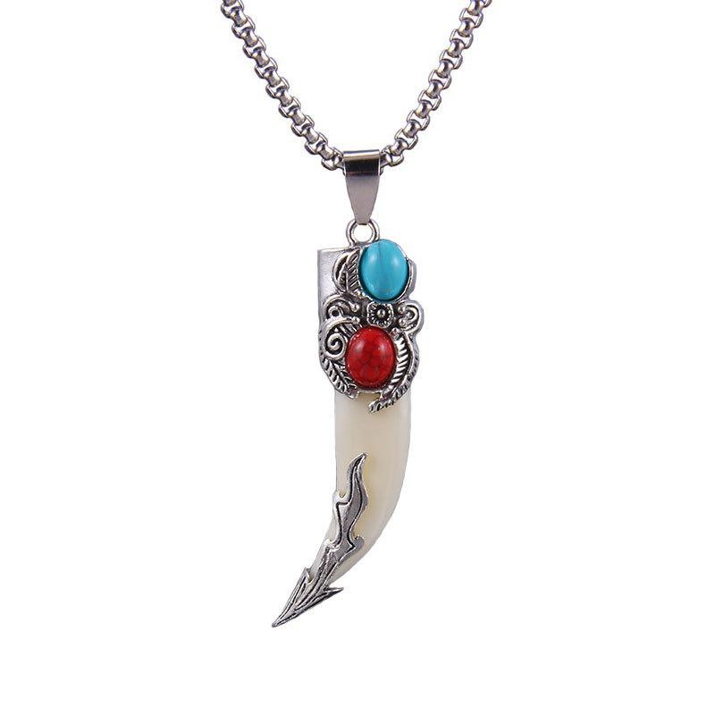 Turquoise, Wolftooth, Stainless Steel Necklace Retro Red Coral Inlaid Pendant Ornaments Accesssories for Women