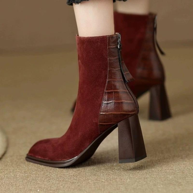 

2024 Autumn New Fashion Mixed Color Lace Up Ankle Boots for Women Europe America Pointed Toe High Heel Big Size Shoes 35 вино красного