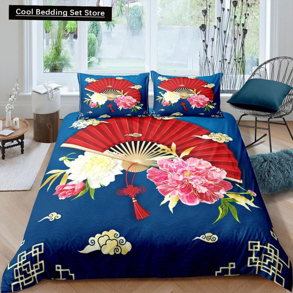 Japanese Style King Queen Duvet Cover Koi Fish Cherry Bedding Set Ukiyo-E Geisha Quilt Cover Sun Crane Polyester Comforter Cover