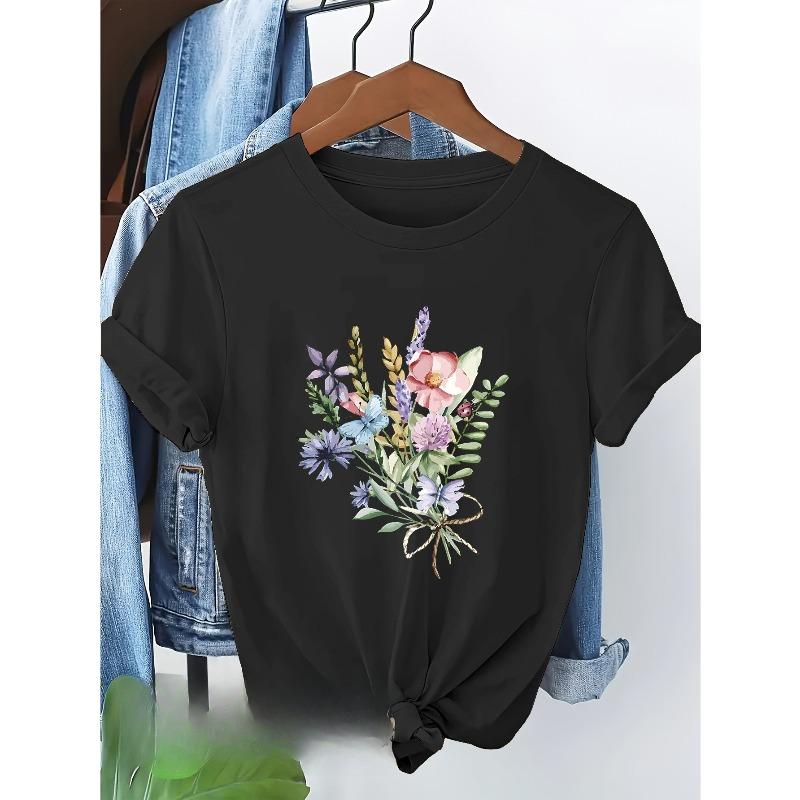 European Size Women'S Short Sleeve T-Shirt with Vibrant Floral Print - Casual Round Neck, Lightweight & Breathable for Spring/Summer,