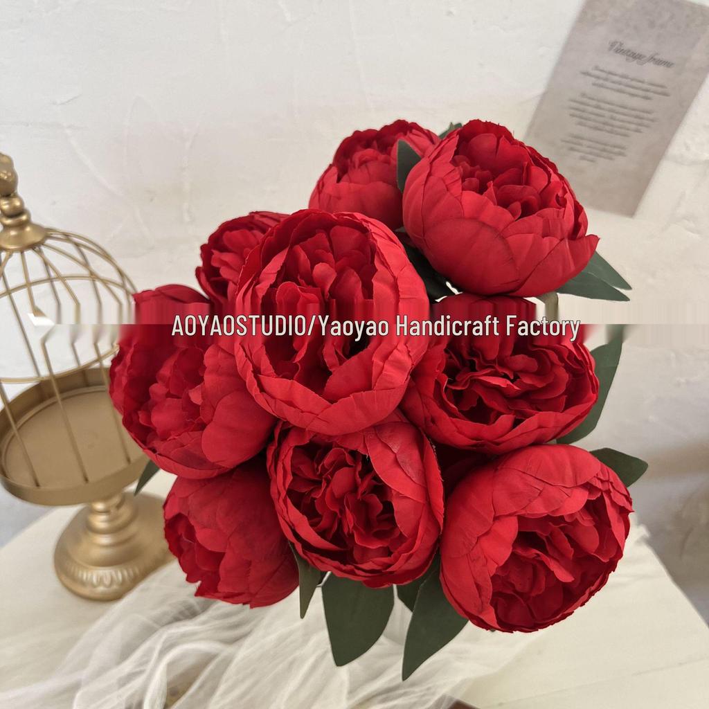 10-Head Artificial Peony Bouquet - Core-Filled Wedding & Home Décor Flower Arrangement