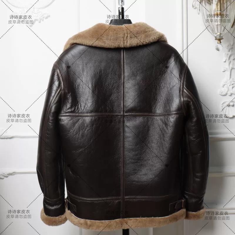 Thick Winter Genuine B3 Sheepskin Leather Jacket Mens Fur Coat Motorcycle Outerwear