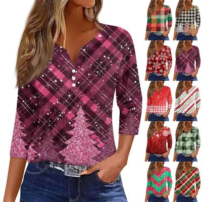 Dame T-shirt Tee Print Knap 3/4 Ærme Daglig Weekend Mode Basis V-hals Normal Top