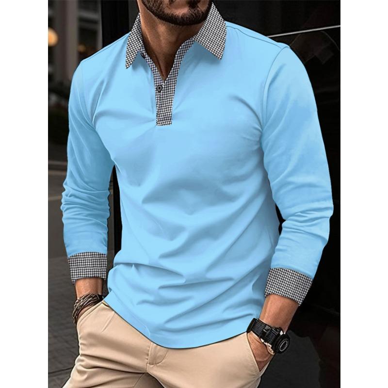 New Men's Long-Sleeved Polo Shirt Spring/Autumn Contrast-Colour Printed Casual Sweatshirt