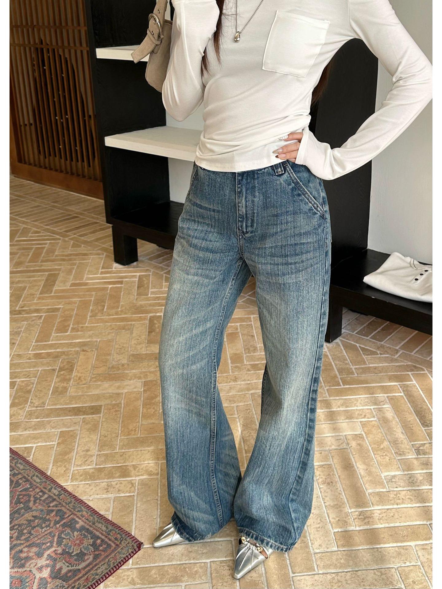 Lu Sheng Unisex Retro Straight-Leg Distressed Jeans - Blue L