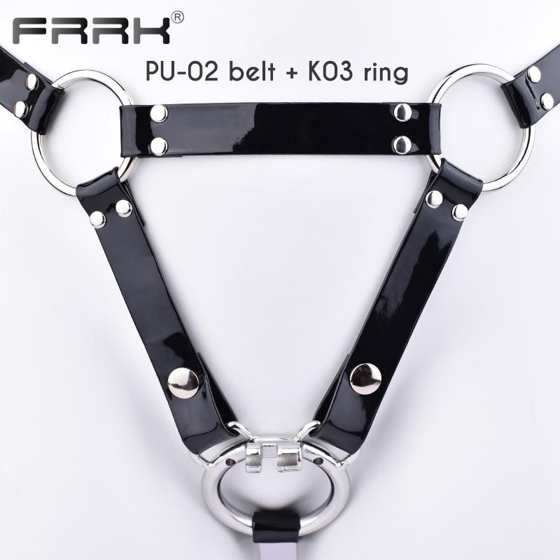 FRRK PU pásový postroj pro hráče BDSM Metal Chastity Cage v různých velikostech Sexy dospělí Intimní produkty Sexuální hračky Bondage