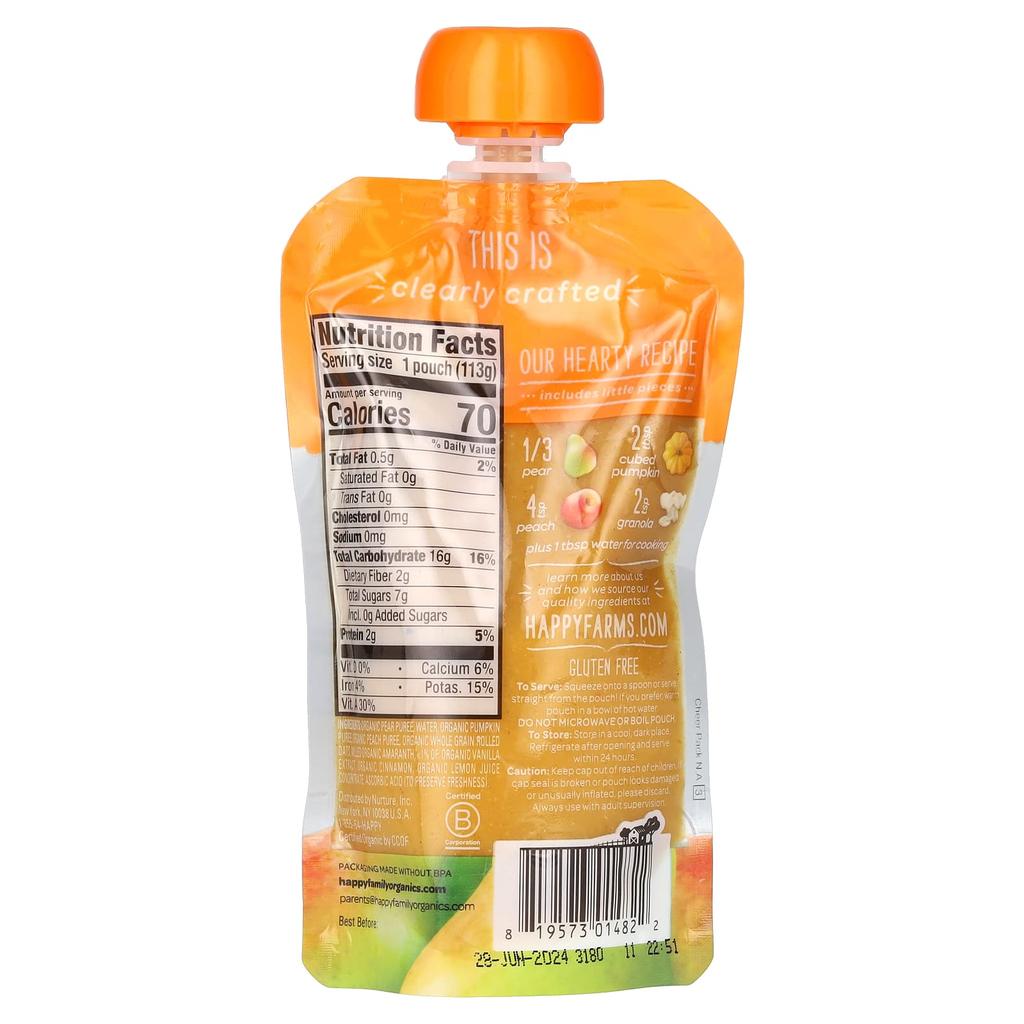 Happy Family Organics Organic Baby Food, Stage 2, Clearly Crafted 6 Months and Up, Pear, Pumpkin, Peach & Granola, 4 Oz (113 G)