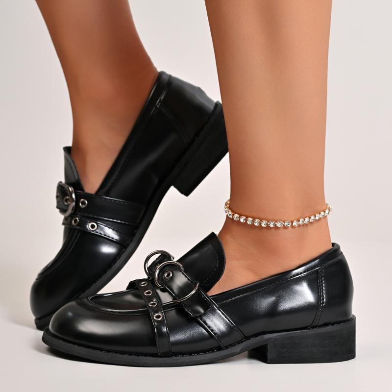 Metal Belt Buckle Decoration Loafers Women 2025 Autumn Round Toe Medium Heel Pumps Elegant Vintage Pu Solid Office Shoes