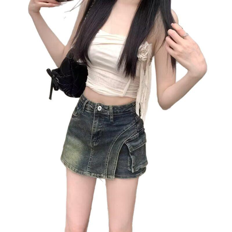 Retro džínová midi sukně s vysokým pasem pro ženy - Plus size, zeštíhlující, áčková linie, nepravidelný lem, obepínající boky