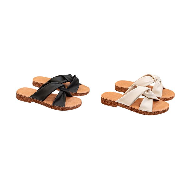 2025 new cross flat heel rubber soft sole daily leisure breathable one-character height increase lightweight foot slippers women