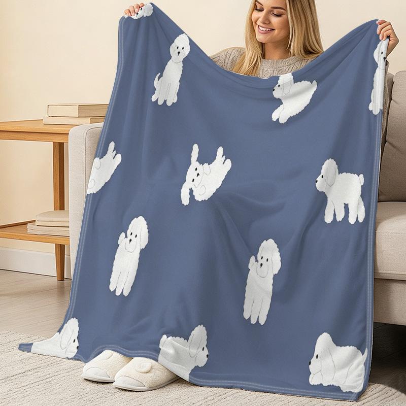Thick Flannel Throw Blanket with Cute Poodle Design – Soft, Warm Single Blanket for Home & Guest Room, Ideal for Halloween & Christmas