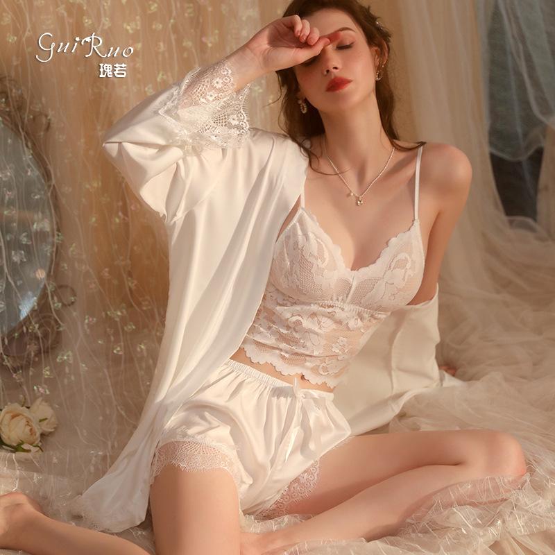 Women's Lace Sheer Deep V Cami Sleepwear with Tie Robe for Summer