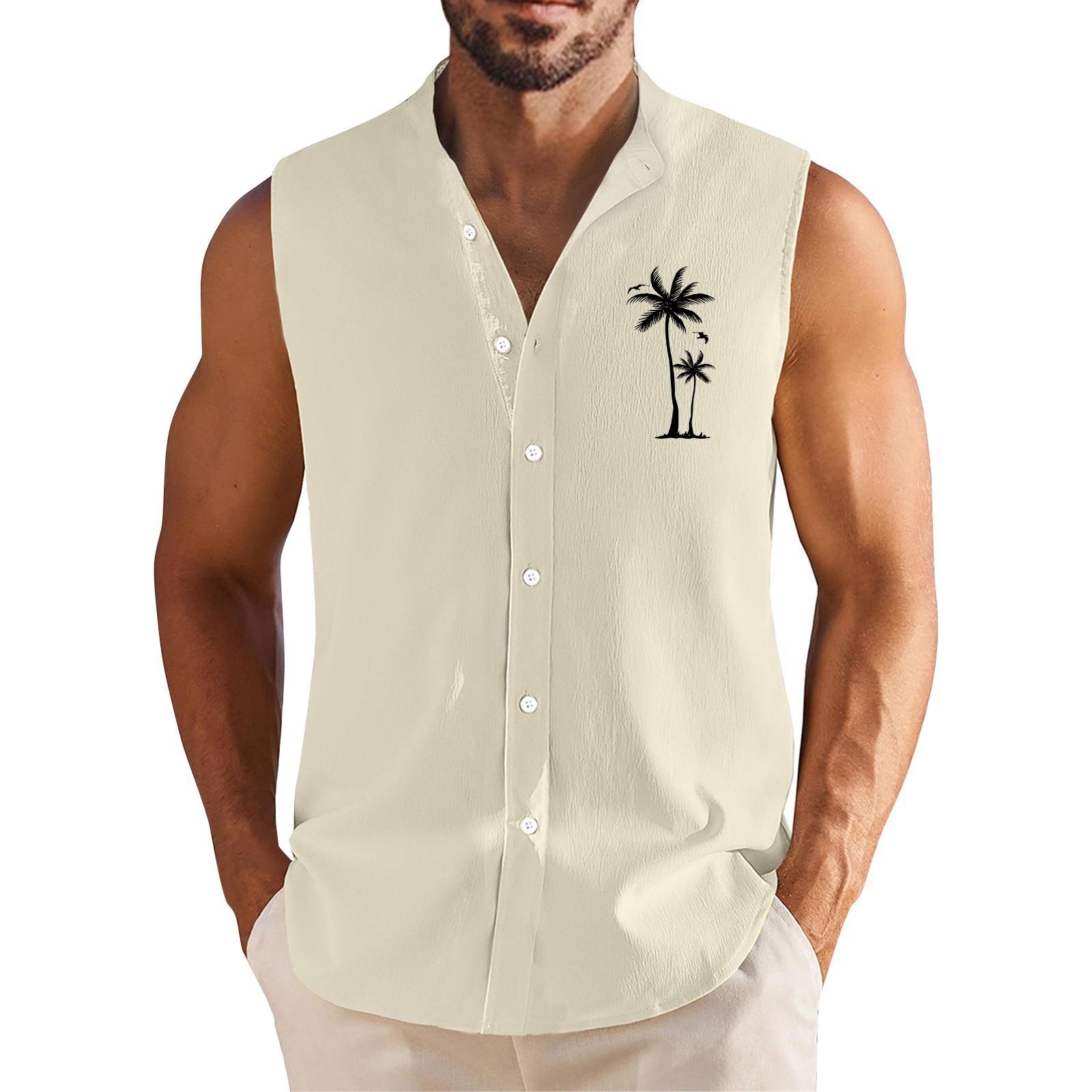 

Мужская летняя повседневная модная рубашка без рукавов с гавайским принтом на пуговицах S хаки