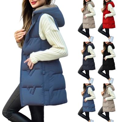 Damen Lange Weste Einfarbig Ärmellos Kapuze Winterweste Oberbekleidung Jacke Leichter Warmer Mantel Oberbekleidung