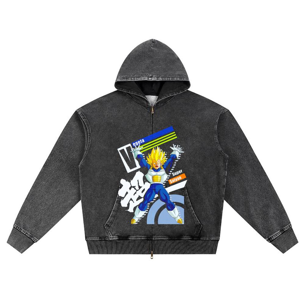 DTG Print Knitted Denim Zip-Up Hoodie VEGETA SUPER SAYAN Brother Print Zipper Hoodies  