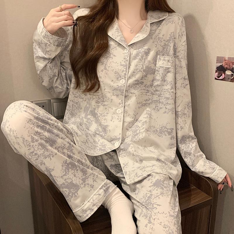 Women's New Spring and Fall Ice Silk Pajamas Home Style Suit Girl Ink Printing Silk Pajamas Ins Advanced Sense of Homewear