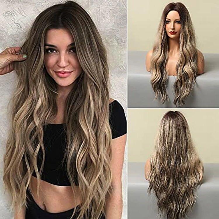 Brown Gold Mixed Color Medium Part Long Hair Curly Fake Head Set Big Wave Gradient Change Wig