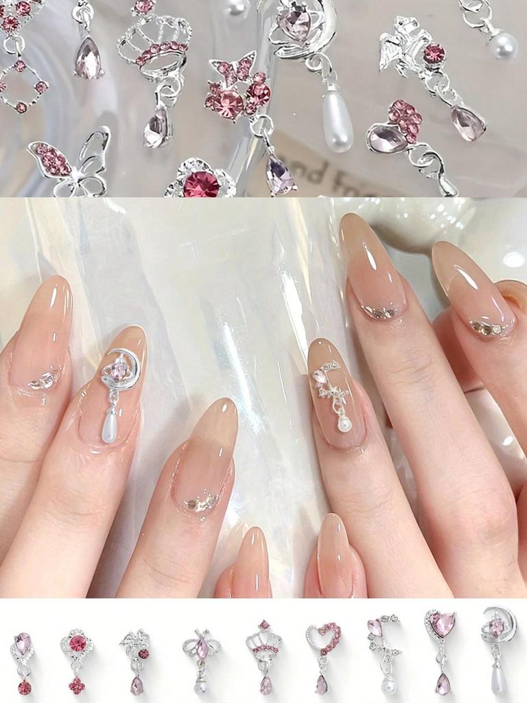 10pcs Luxury Nail Art Charms Set - 3D Alloy Butterfly, Heart, Bow & More with Rhinestones - Perfect for DIY Manicures & Pedicures