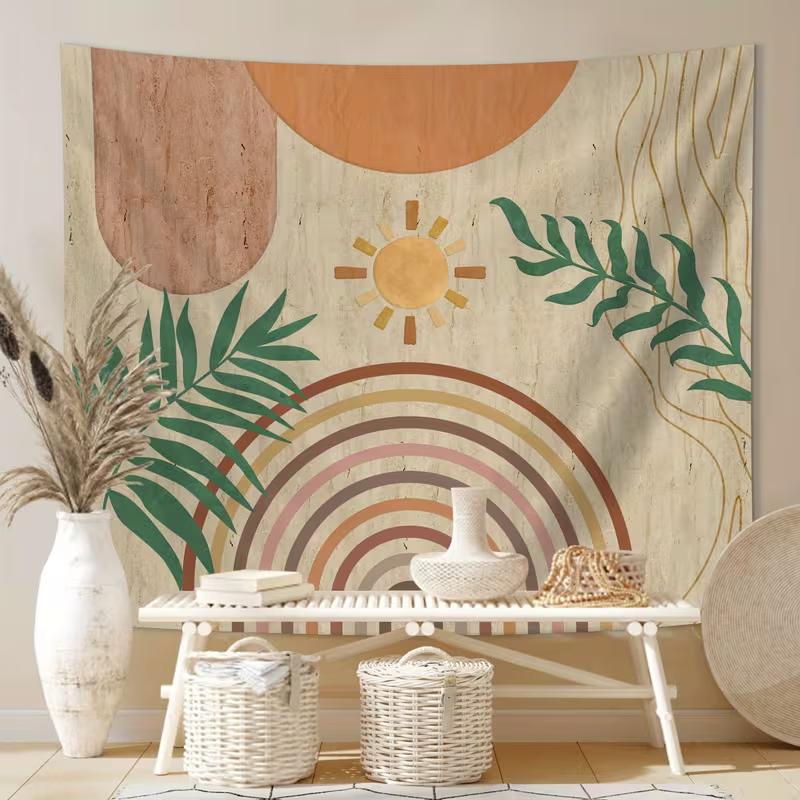 2D Modern Boho Sun Tapestry Rainbow Palm Leaf Home Background Decor