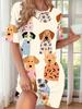 Elegante Dames Korte Mouw Mode 3D Print Midi Jurk Grote Maten Strandkleding