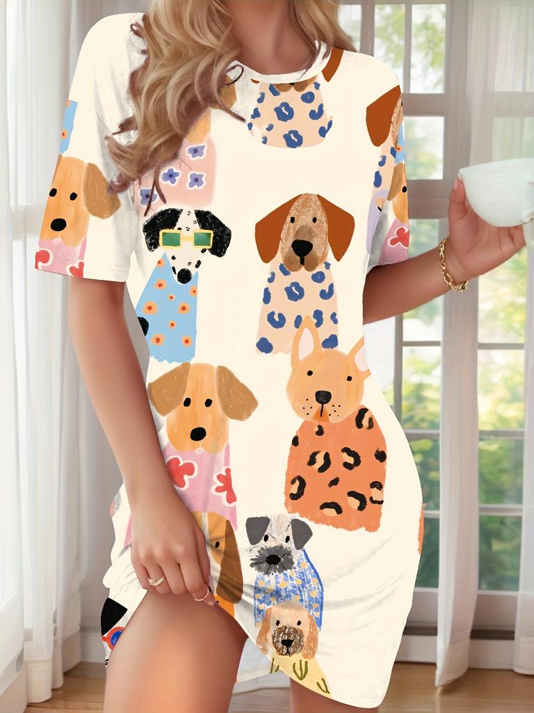 Elegante Dames Korte Mouw Mode 3D Print Midi Jurk Grote Maten Strandkleding