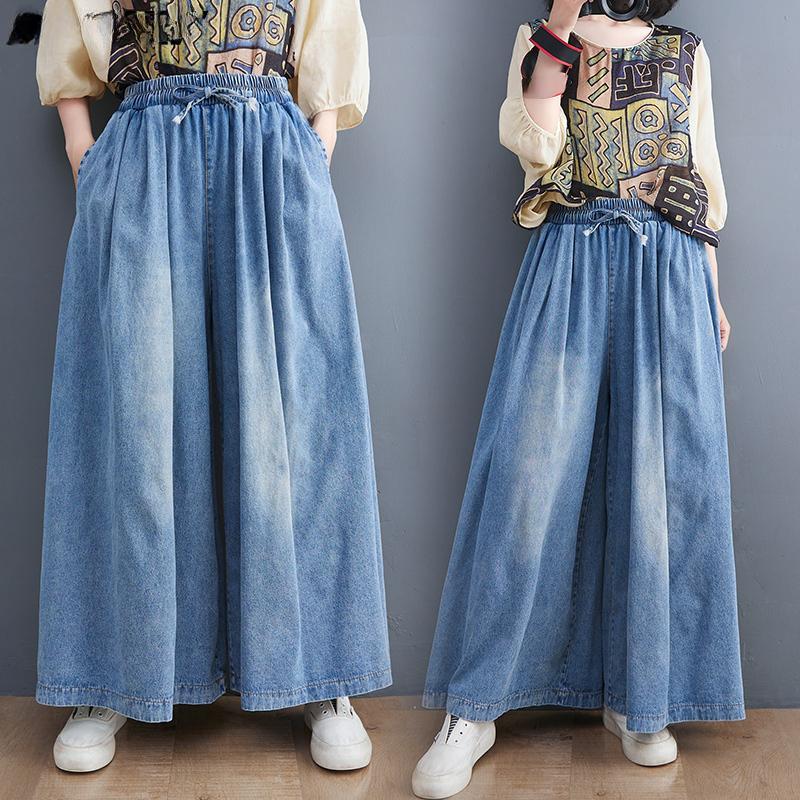 Summer Jeans Long Pants Plus Size Women Elastic Waist Pants Wide Leg Pants Loose Casual Denim Female Casual Trousers Pants Oversize