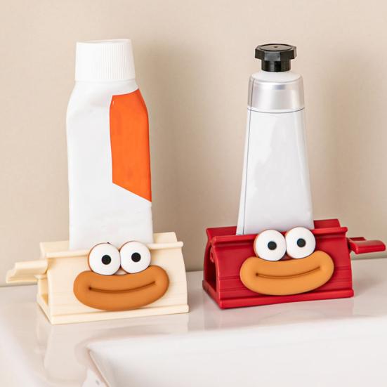 Cartoon Toothpaste Dispenser with Suction Base Wall-Mounted Roller Squeezer for Toothpaste Face Wash No-Waste Funny Bathroom Organizer for Kids Adults