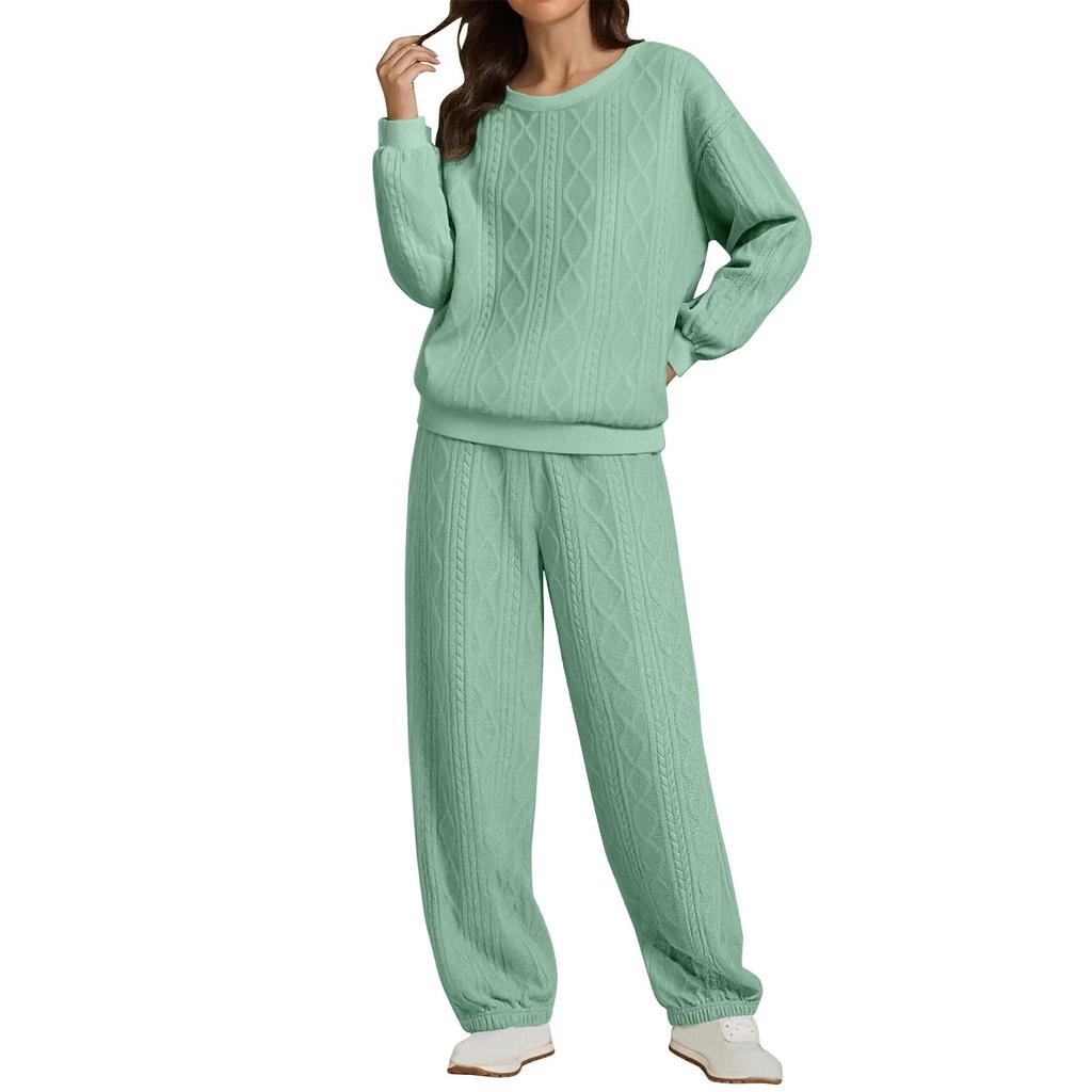 Women's Fashion Color Round Neck Long Sleeve Top Elastic Waist Casual Pants Loose Sports Two Piece Set
