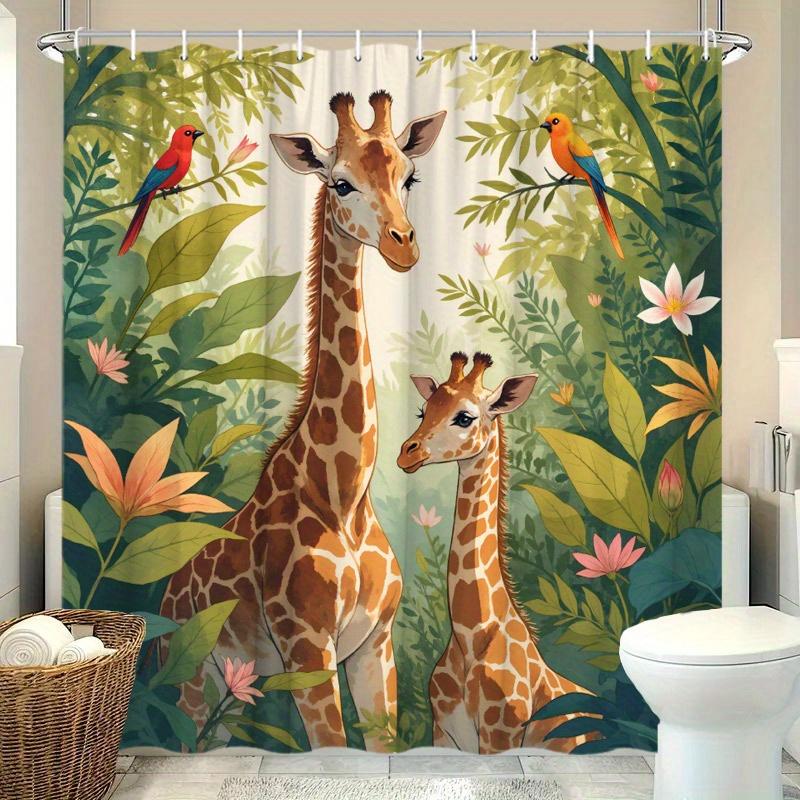 Giraffes in Jungle Scene Shower Curtain, Vibrant Wildlife Design, Lush Greenery and Exotic Flowers 48x72inch 120x180cm