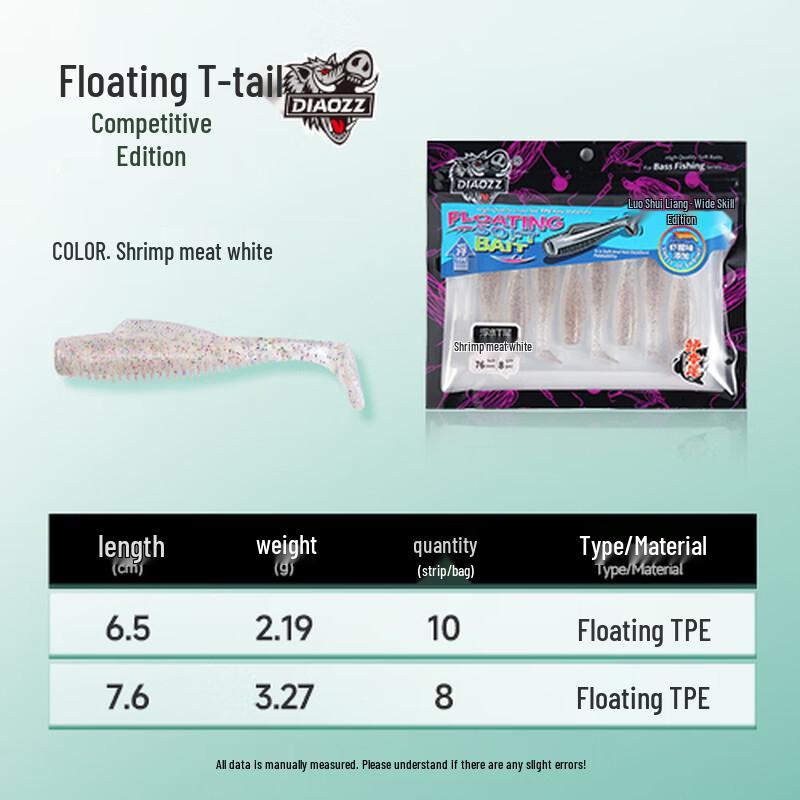 

Floating T-tail Soft Bait Lure for Bass, Black Pit, Mandarin Fish, and Aspius Fishing. 7.6 cm [8 pcs]