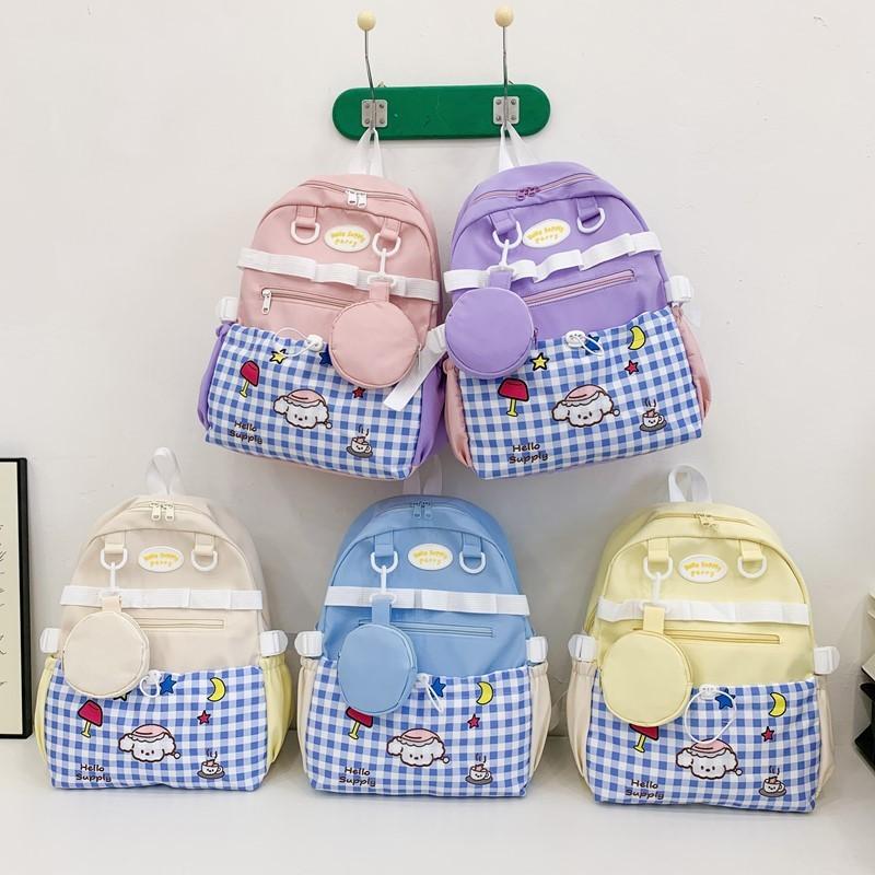 Large Capacity Kids Backpack With Grid And Cartoon Dog Print Design For Daily