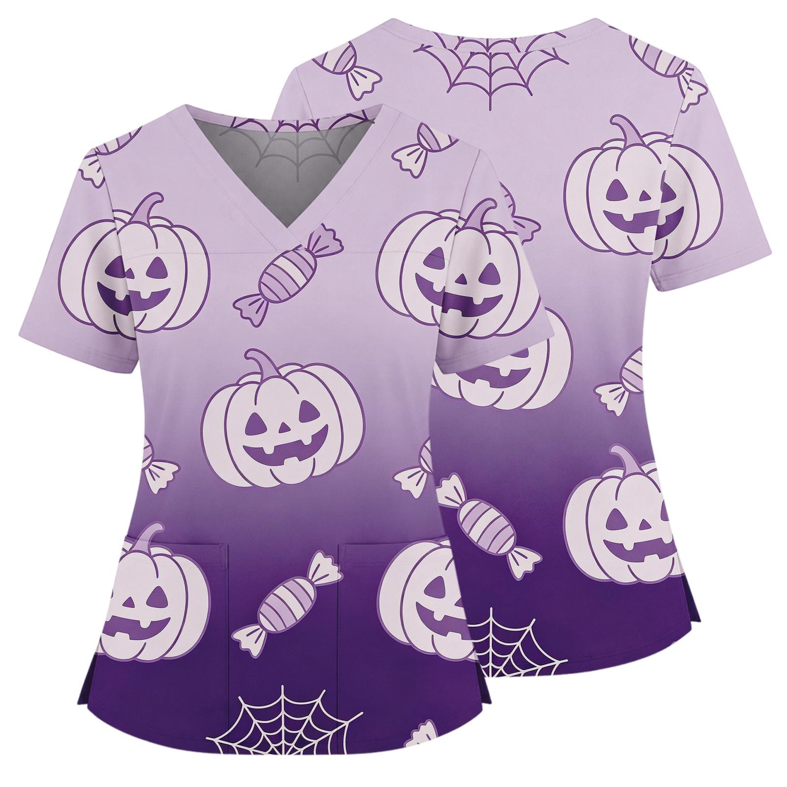 Women s Costume Top - Halloween Print, V-Neck, with Pockets, Side Slit, Short Sleeve for Halloween Party XXXL