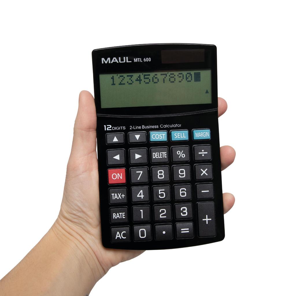 MAUL MTL 600 Commercial Calculator Calculator with Commercial Functions 12 Digit Display, 2 Lines with Tax Invoice and Correction Function Solar