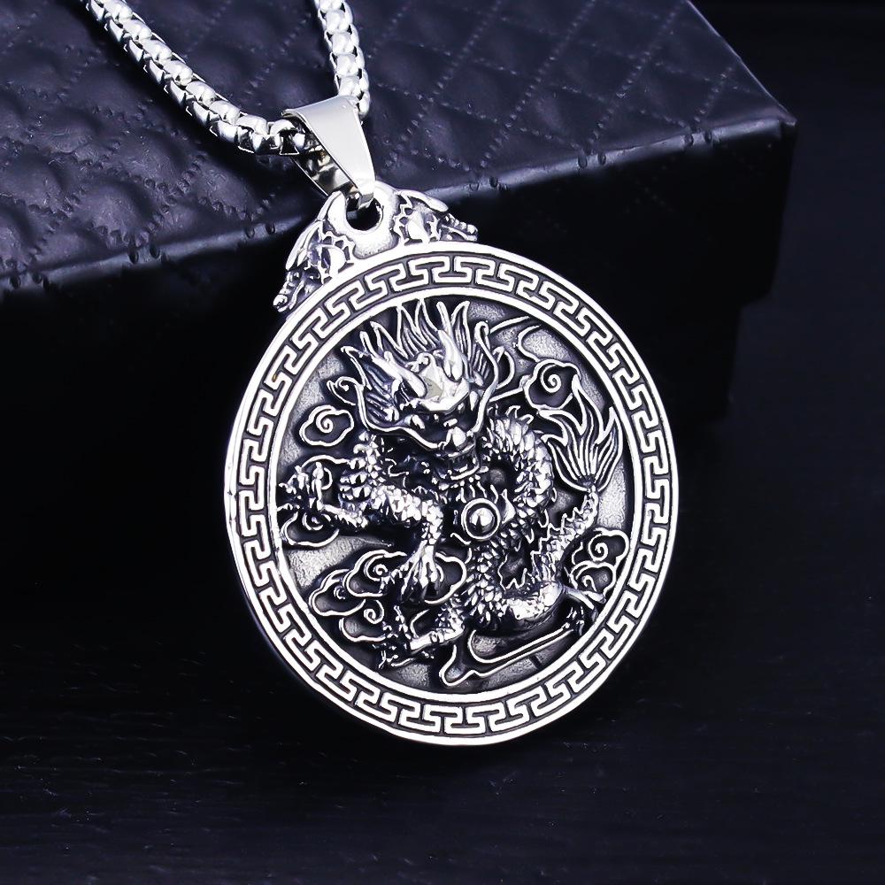 Hip Hop Chinese Dragon Embossed Round Pendant Necklace for Men and Women - Titanium Stainless Steel.