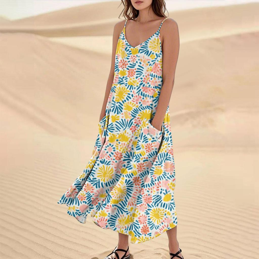 Women's Fashion Casual Floral Print Sleeveless Pocket Long Beach Dress
