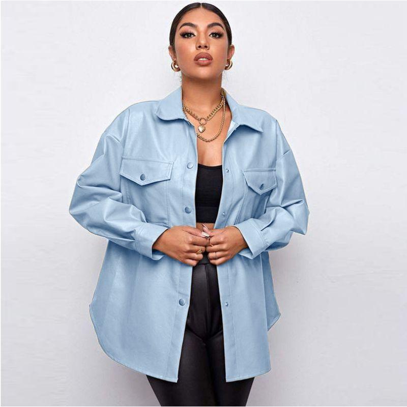 

Pu Fashion Top Fall European and American Lapel Faux Leather PU Loose Personality Street Trendy Long-Sleeve Leather Jacket Sky Blue XL