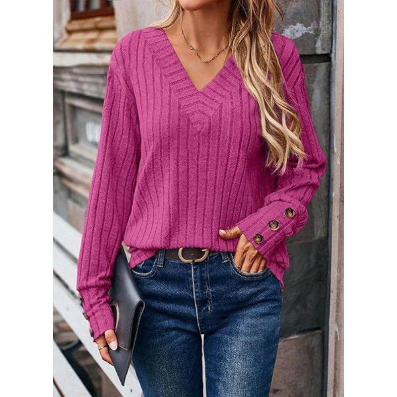 Jesień Zima Dekolt w serek Jednolity kolor Casualowy Sweter modowy Kobiety Paski Pasujący do wszystkiego Dzianinowy pulower na spód