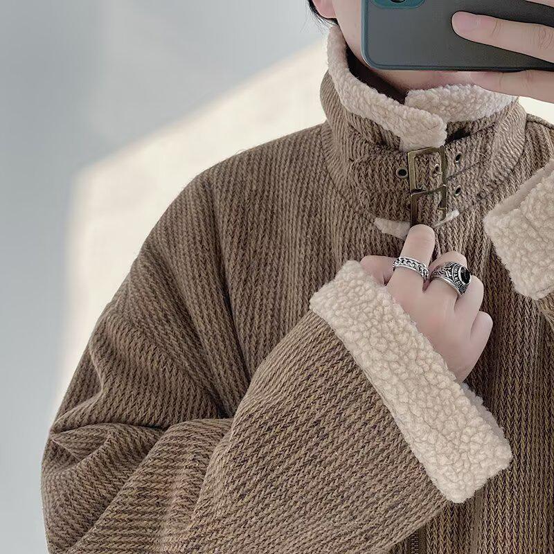 Herren Lammwolle Winterjacke, Samtgefütterter Wollmantel, Retro Amerikanischer Stil, Warme Streetwear Cool Reversjacke.