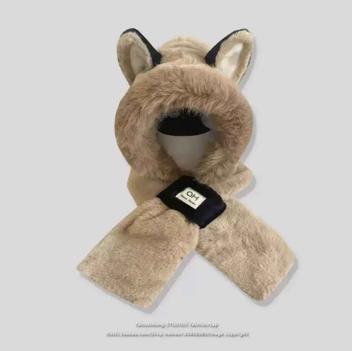 

Women s Plush Fox Ear Hat & Scarf 2-in-1: Warm Autumn/Winter Neck Warmer with Ear Protection, Stylish Korean Design. хаки