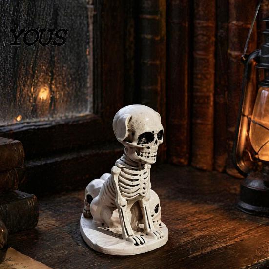 Durable Desktop Statue for Halloween Dog/Cat Skull Figurine, Resin Gothic Animal Haunted House Theme Accessory Desk Fireplace, Spooky Home Tabletop